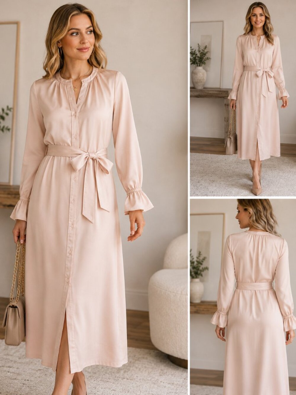 J.Crew Satin Midi Shirt Dress XS | Blush Pink Tie Waist Feminine Dress